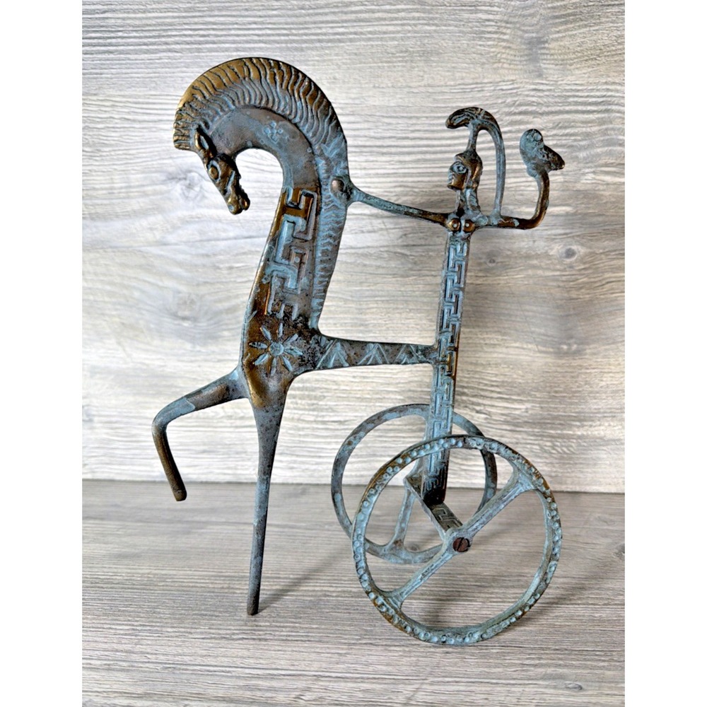 Frederick Weinberg Style Etruscan Horse Chariot Athena & Owl Brass Verde Patina